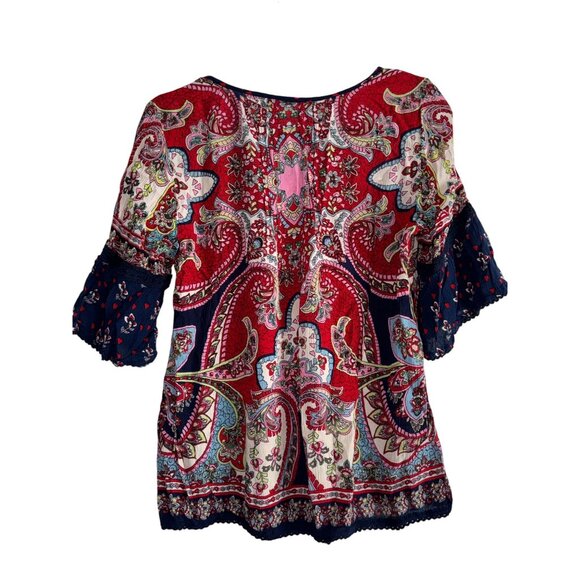 Bila Boho  Womens Floral Print Rayon Top With Lace Sleeve Details Multicolor Siz - Picture 5 of 6